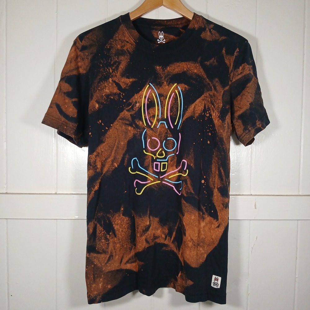 Psycho Bunny T-Shirt Mens 5 Black Bleach Wash Neon Graphic Logo Tee